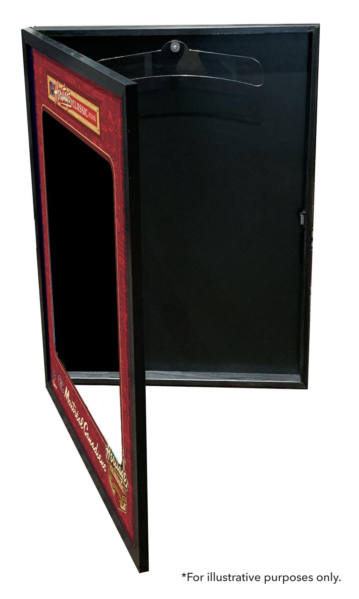 Montreal Canadiens 2026 Heritage Classic Photo Glass Jersey Cabinet with the hinged door open, showing the hanger