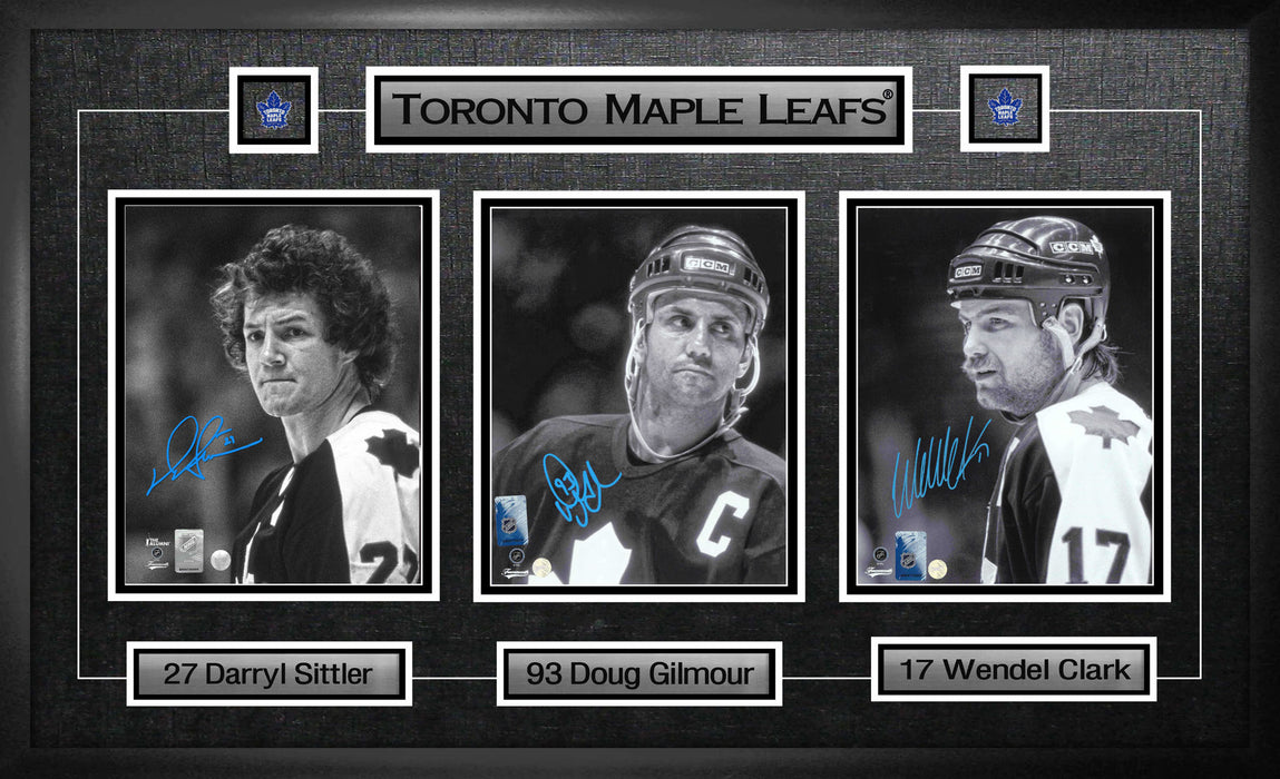 Doug Gilmour, Wendel Clark, Darryl Sittler Signed Framed 8x10s Leafs Captains Collage - Frameworth Sports Canada 