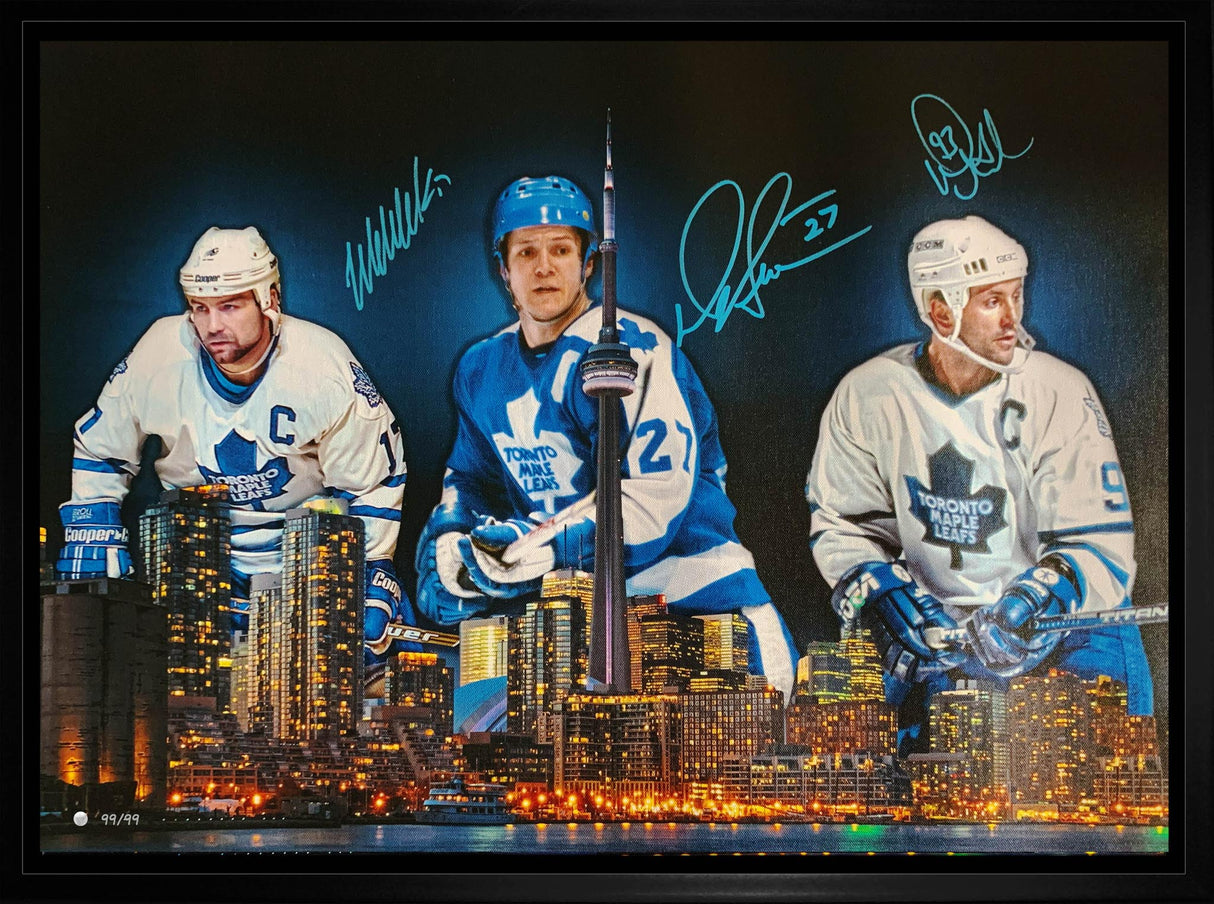 Doug Gilmour / Wendel Clark / Darryl Sittler Multi-Signed 20x29 Framed Skyline Canvas Maple Leafs L/E 99 - AUCTION