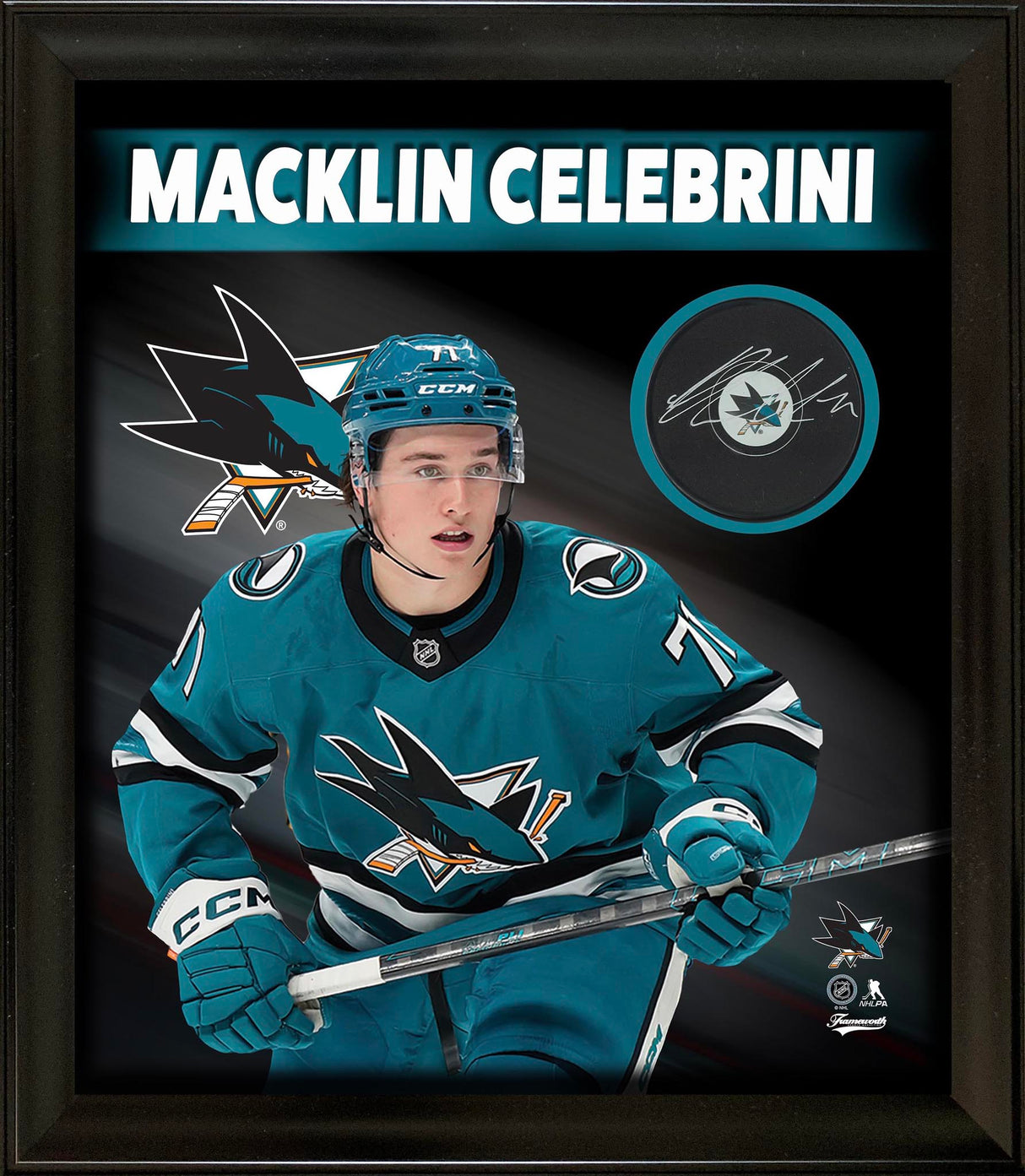 Macklin Celebrini Signed Puck Framed PhotoGlass Sharks