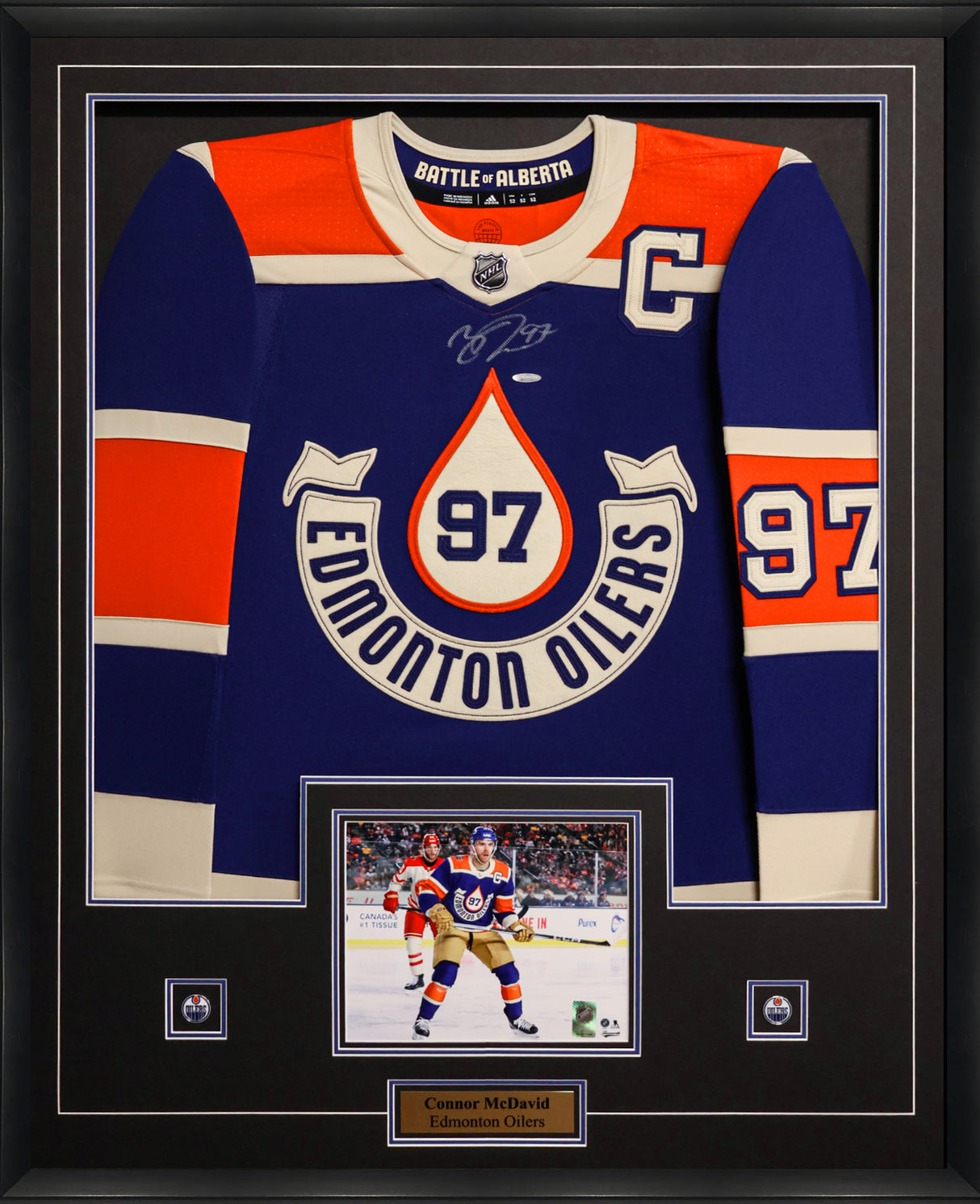 Connor McDavid Signed Jersey Edmonton Oilers Framed 34x42 2023 Heritage Adidas Jersey