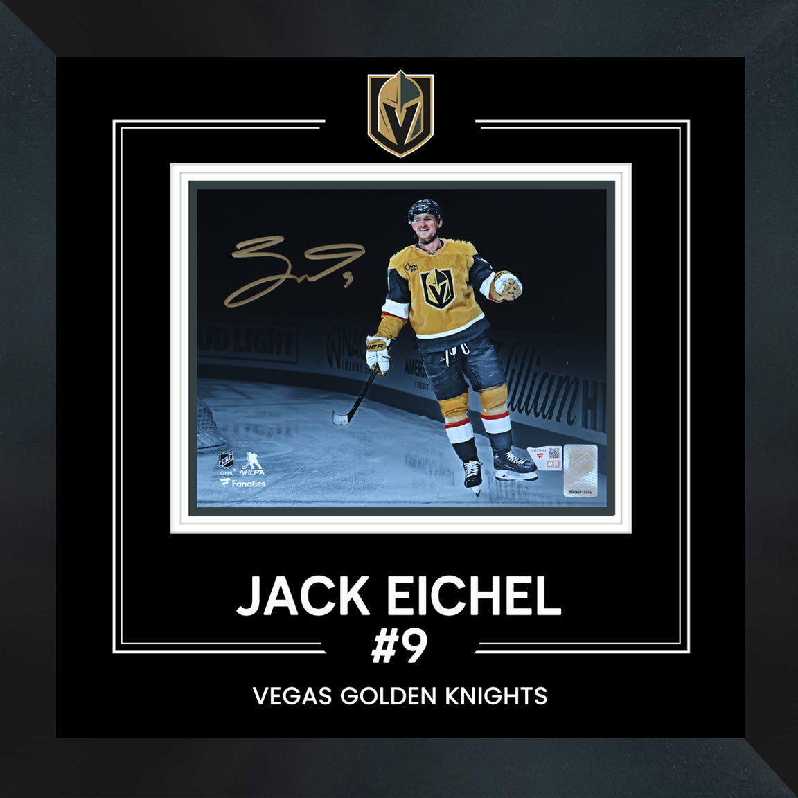Jack Eichel Vegas Golden Knights Signed 8x10 Gold Jersey Celebration Spotlight Photograph Framed