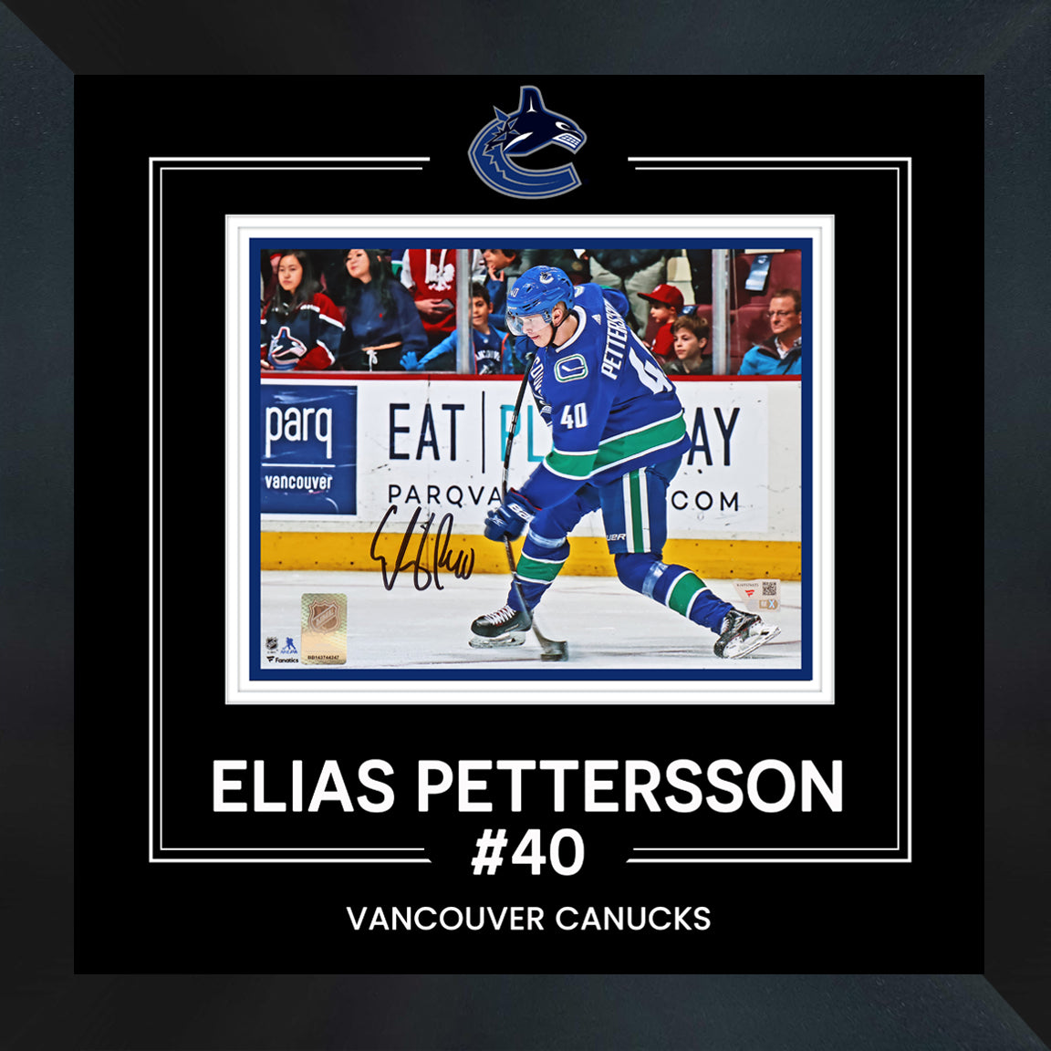 Elias Pettersson Vancouver Canucks Signed 8x10 Blue Jersey Shooting Photograph Framed