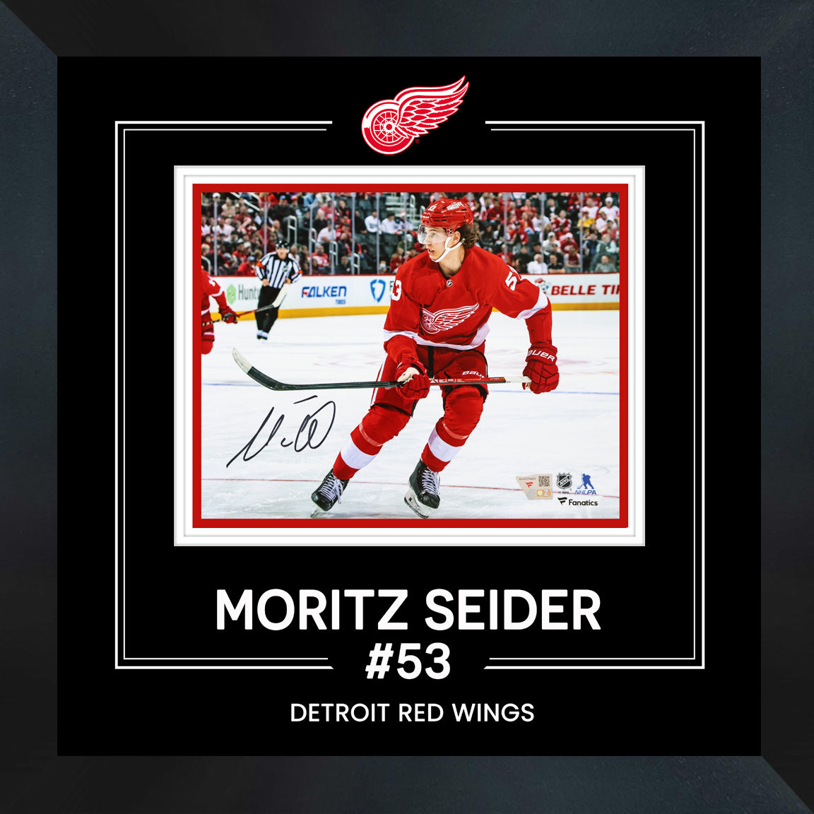 Moritz Seider Detroit Red Wings Signed 8x10 Red Jersey Skating Photograph Framed