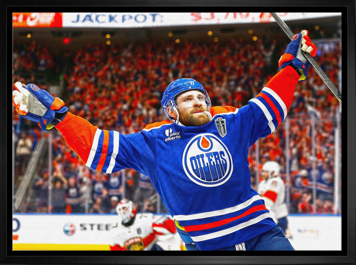 Leon Draisaitl 20x29 Framed Canvas Oilers 2025 SCF OT Celebration -H