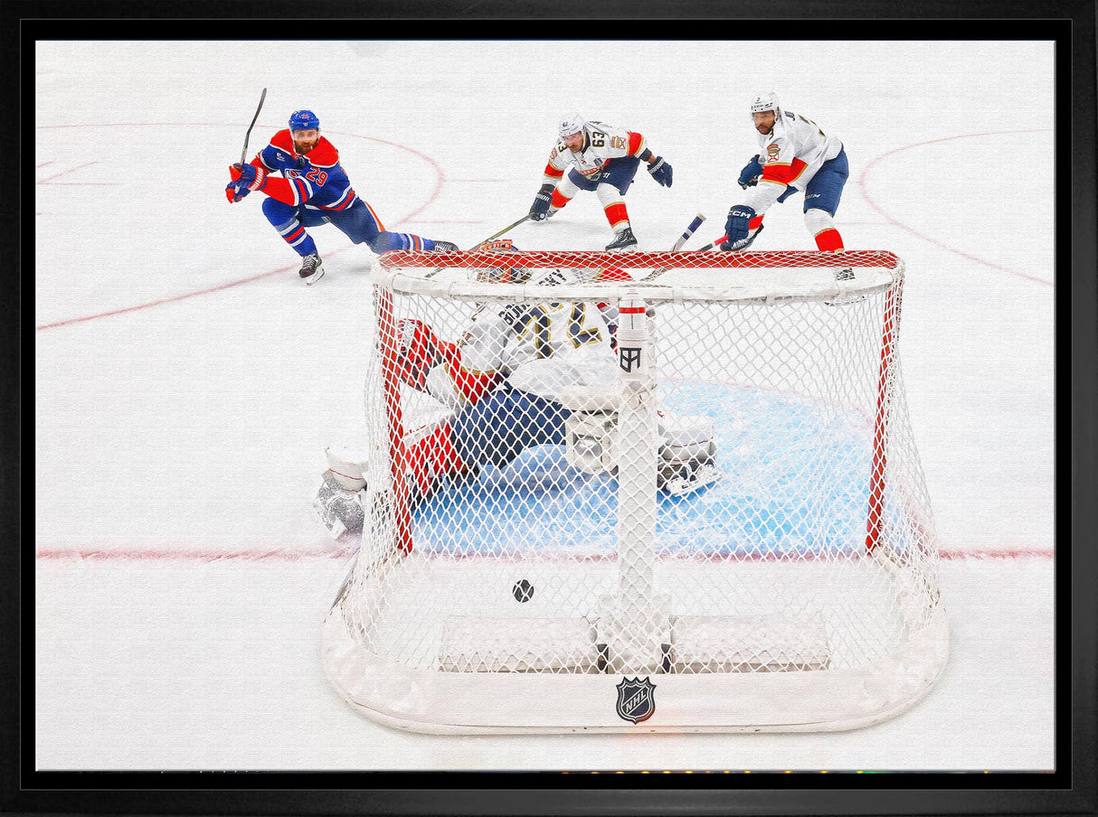 Leon Draisaitl 20x29 Framed Canvas Oilers 2025 SCF OT Winning Goal Shot -H