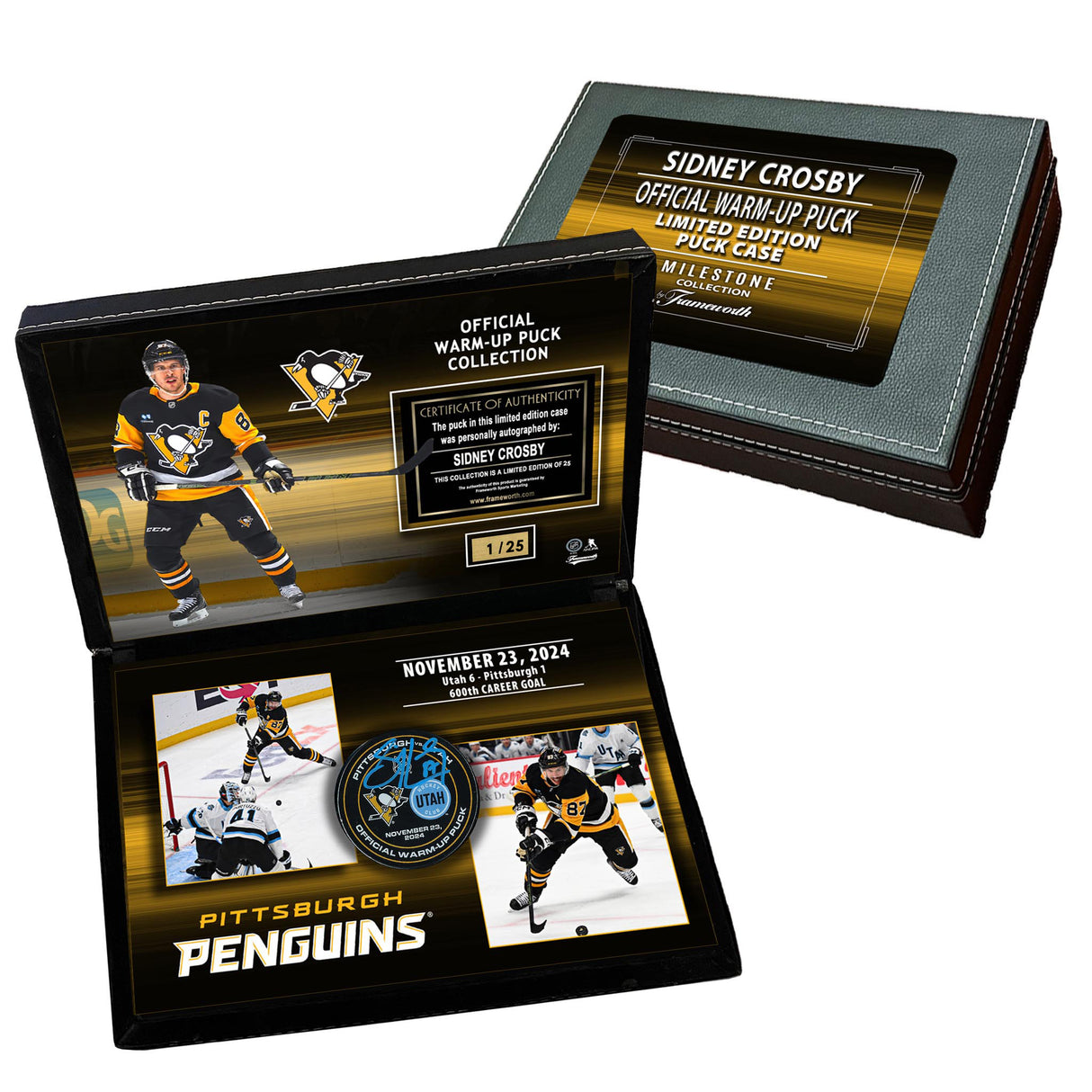 Sidney Crosby Signed Deluxe Puck Case 600th Goal Game Warm-Up Used Nov 23rd 2024 vs Utah Hockey Club (Limited Edition of 25)