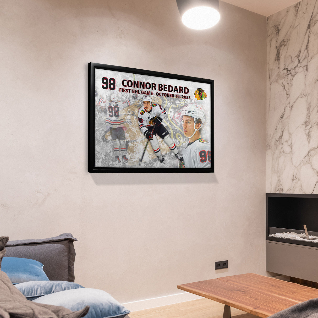 Connor Bedard 20x29 Framed Canvas Blackhawks First Game