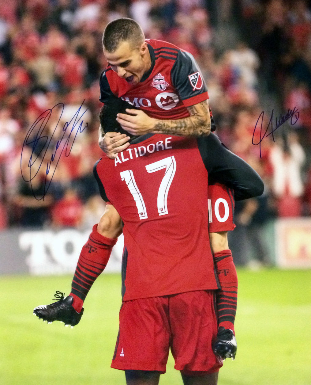Sebastian Giovinco and Altidore Dual Signed Unframed 16x20 Goal Celebration Photo