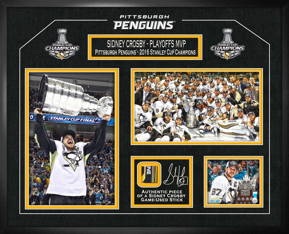 Championship collage with yellow accent matting, multi-photo layout, and mounted memorabilia openings
