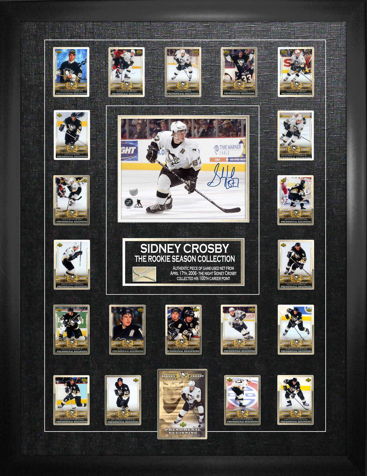 Sidney Crosby Pittsburgh Penguins Signed Framed 8x10 Action Photo with Rookie Season Trading Hockey Card Set And Piece of Net