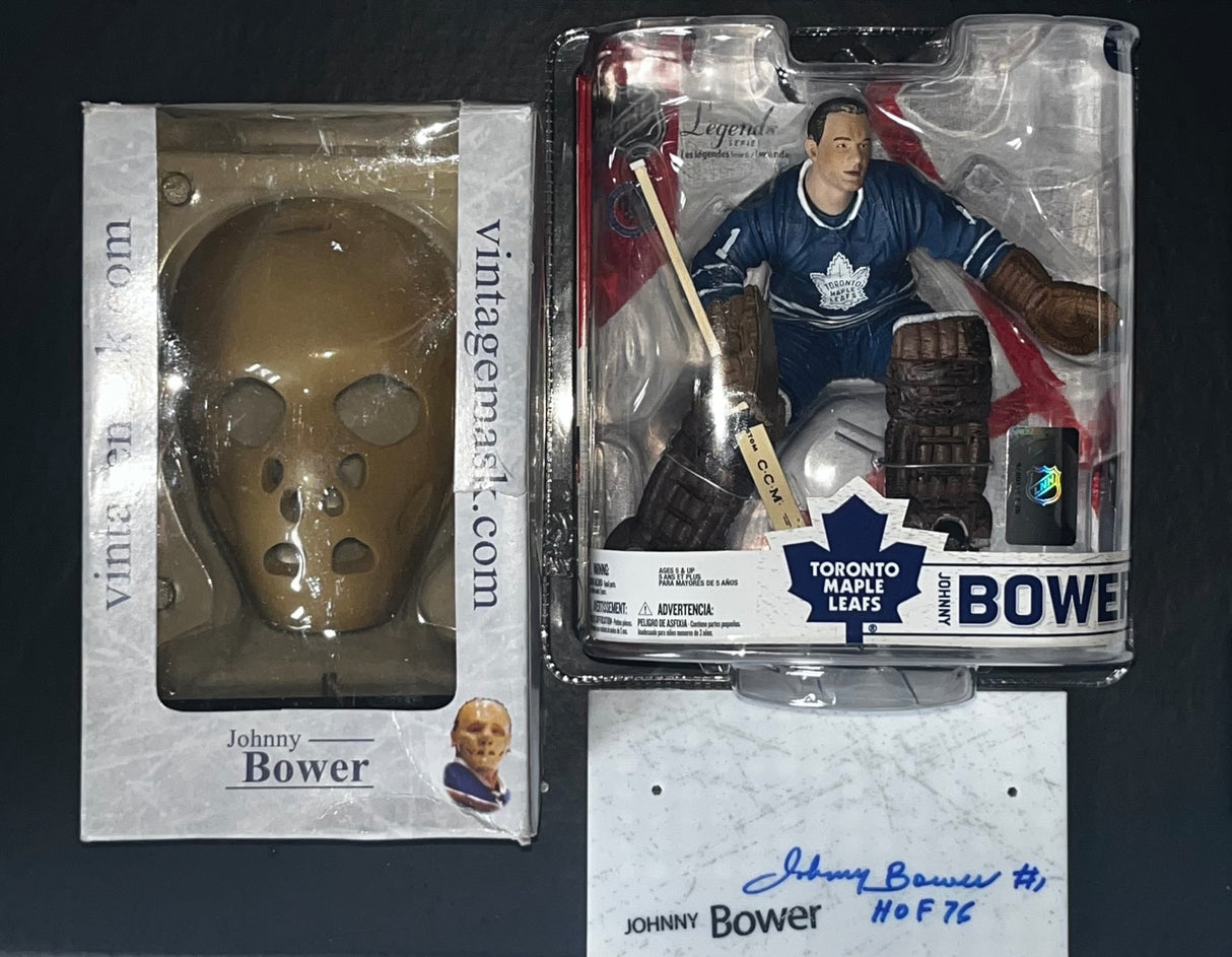 Johnny Bower Signed McFarlane Figure On The Base Inscribed "HOF 76" and Johnny Bower Unsigned Vintage Mini Replica Goalie Mask - AUCTION