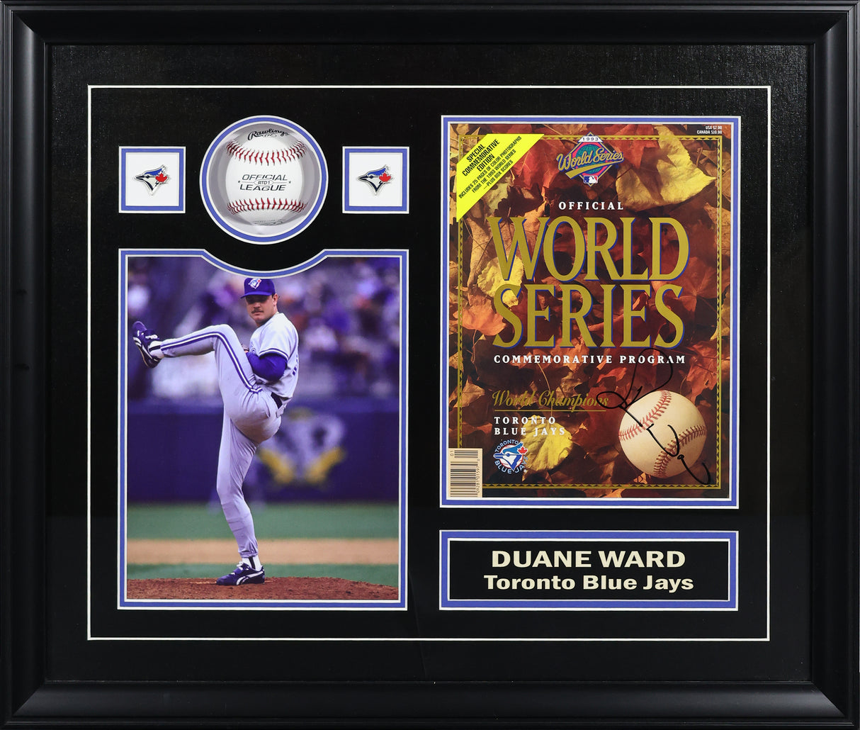 Duane Ward Signed Toronto Blue Jays Framed 24x20 Official World Series Commemorative Program with Baseball and Photo - AUCTION