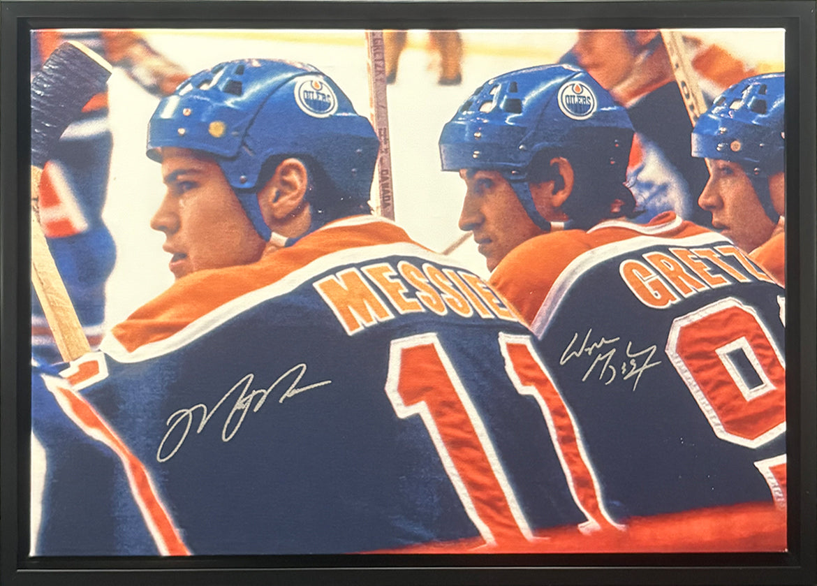 Wayne Gretzky & Mark Messier Dual Signed Framed 20x29 Canvas Edmonton Oilers - AUCTION