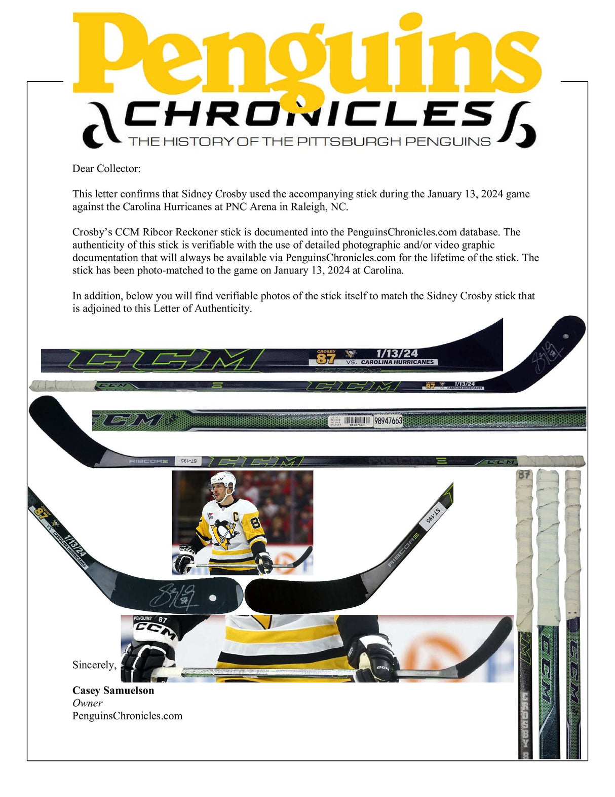 Sidney Crosby Signed Game Used Stick vs Carolina Hurricanes (Jan 14th, 2024) - AUCTION