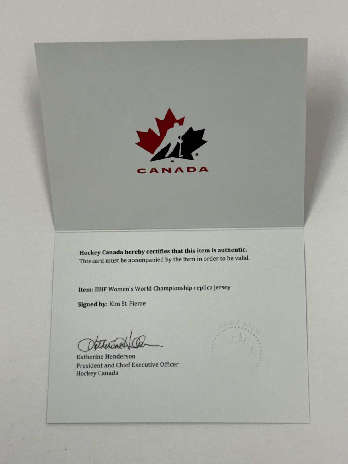 Kim St-Pierre Signed Team Canada IIHF World Championship Nike Replica Jersey - AUCTION
