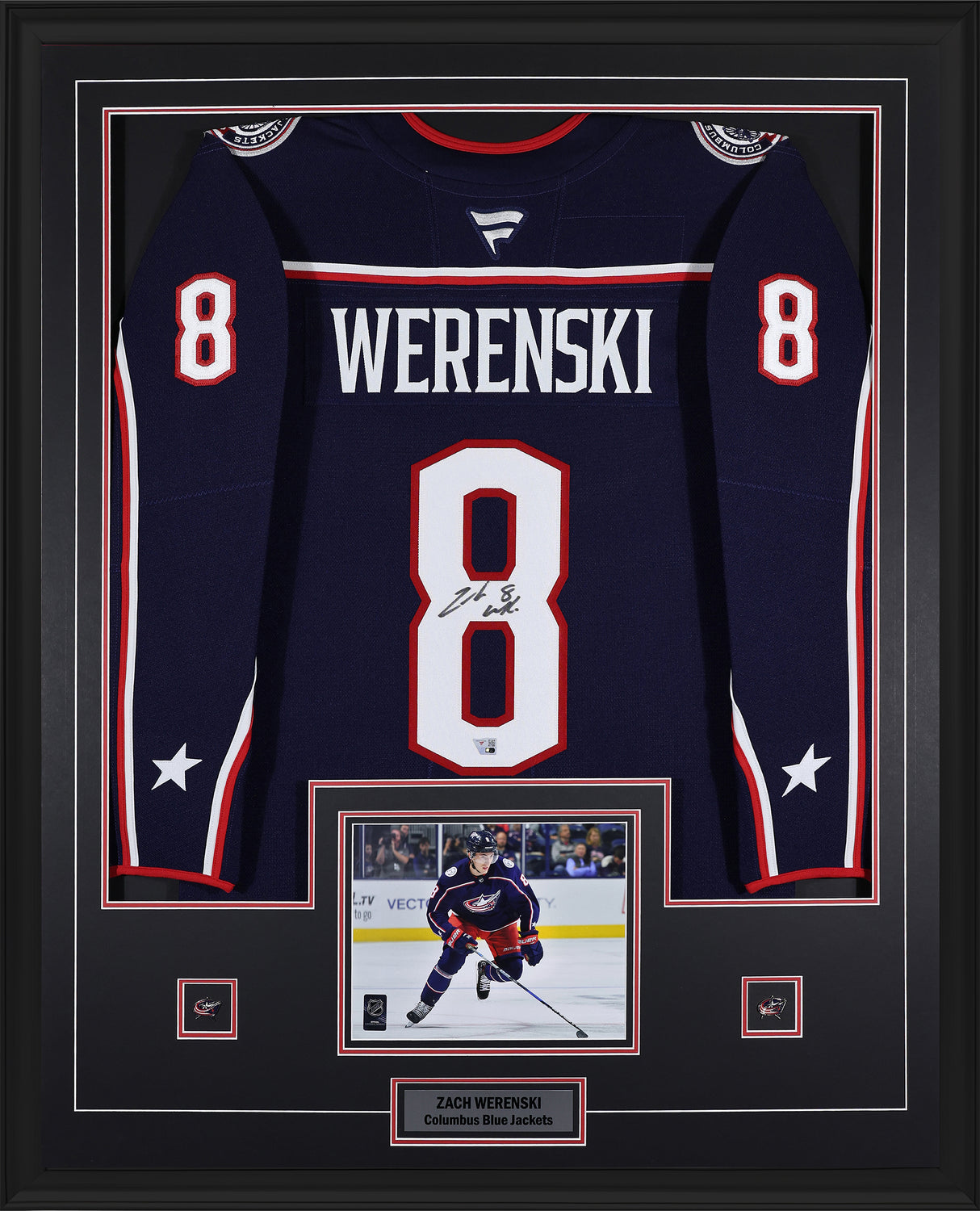 Zach Werenski Signed Columbus Blue Jackets Framed 34x42 Home Fanatics Premium Jersey - AUCTION