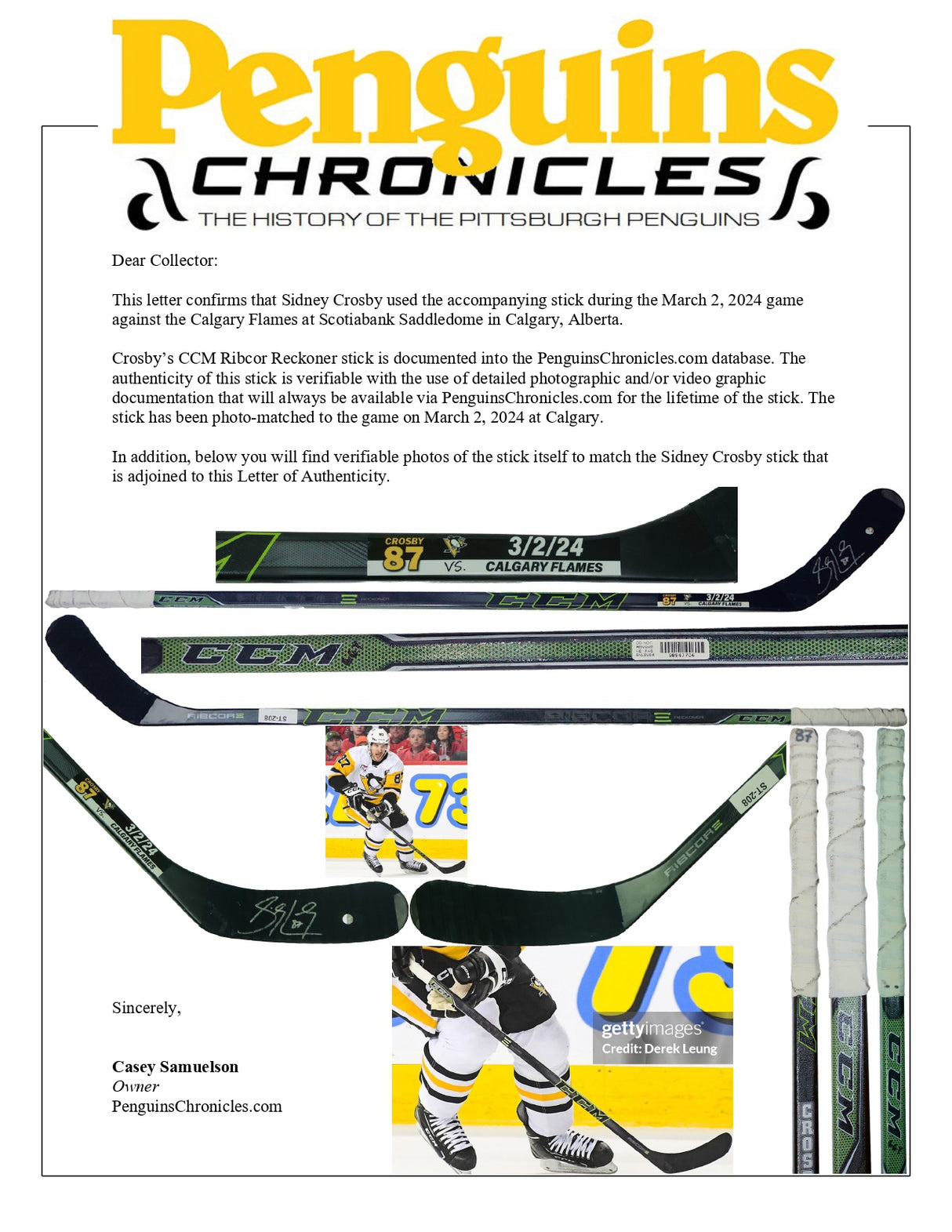 Sidney Crosby Signed Game Used Stick vs Calgary Flames (3/2/2024) (ST-208) - AUCTION