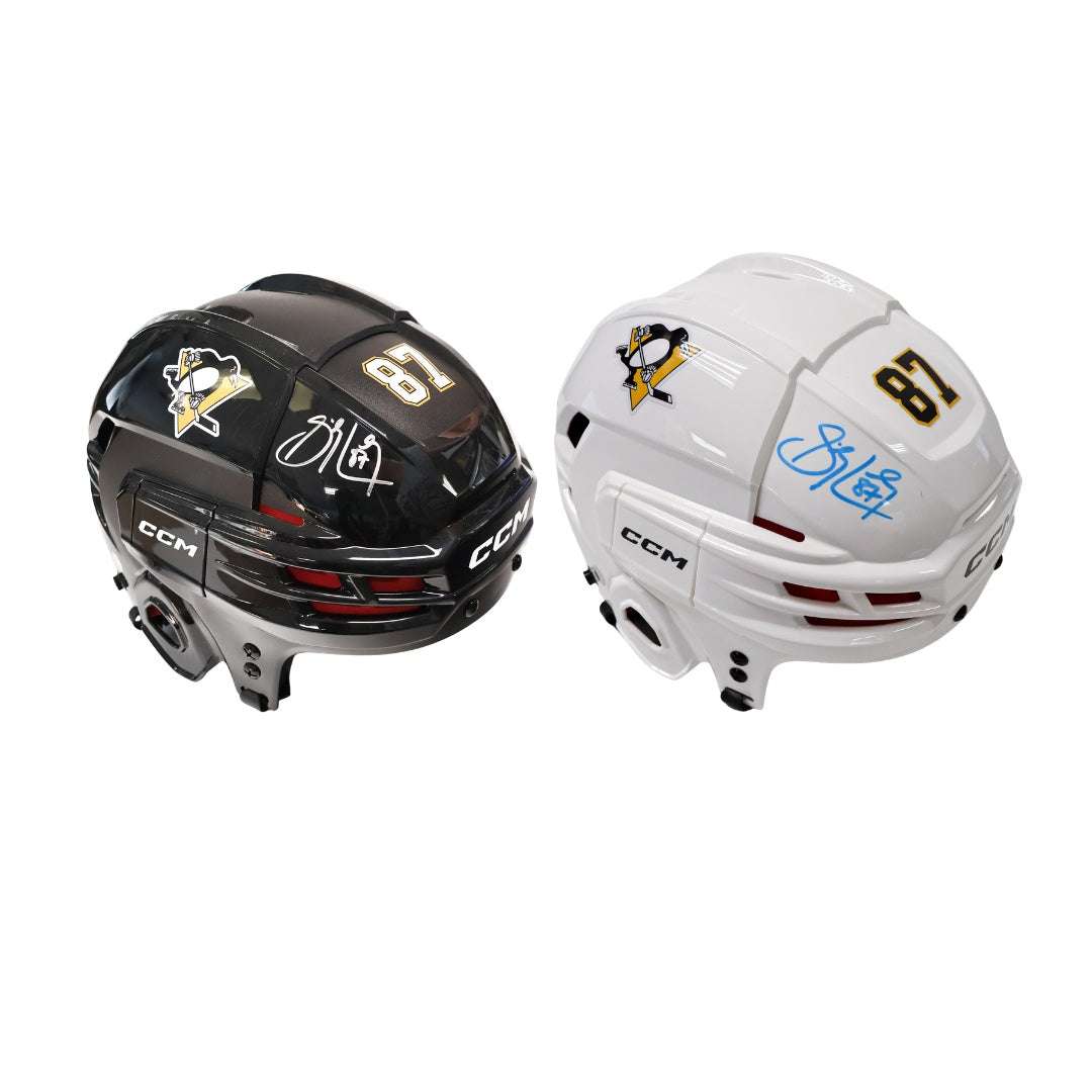 (Collector Bundle) Sidney Crosby Signed Pittsburgh Penguins CCM Black and White Helmet Set (Tacks 70) - AUCTION