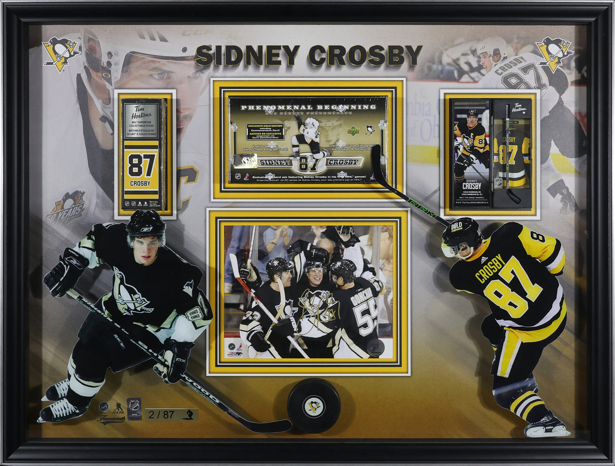 Sidney Crosby Signed Pittsburgh Penguins Framed 8x10 Photo with NHL Collectible Mini Sticks and Gold Edition Commemerative Cards (Limited Edition 2 of 87) - AUCTION