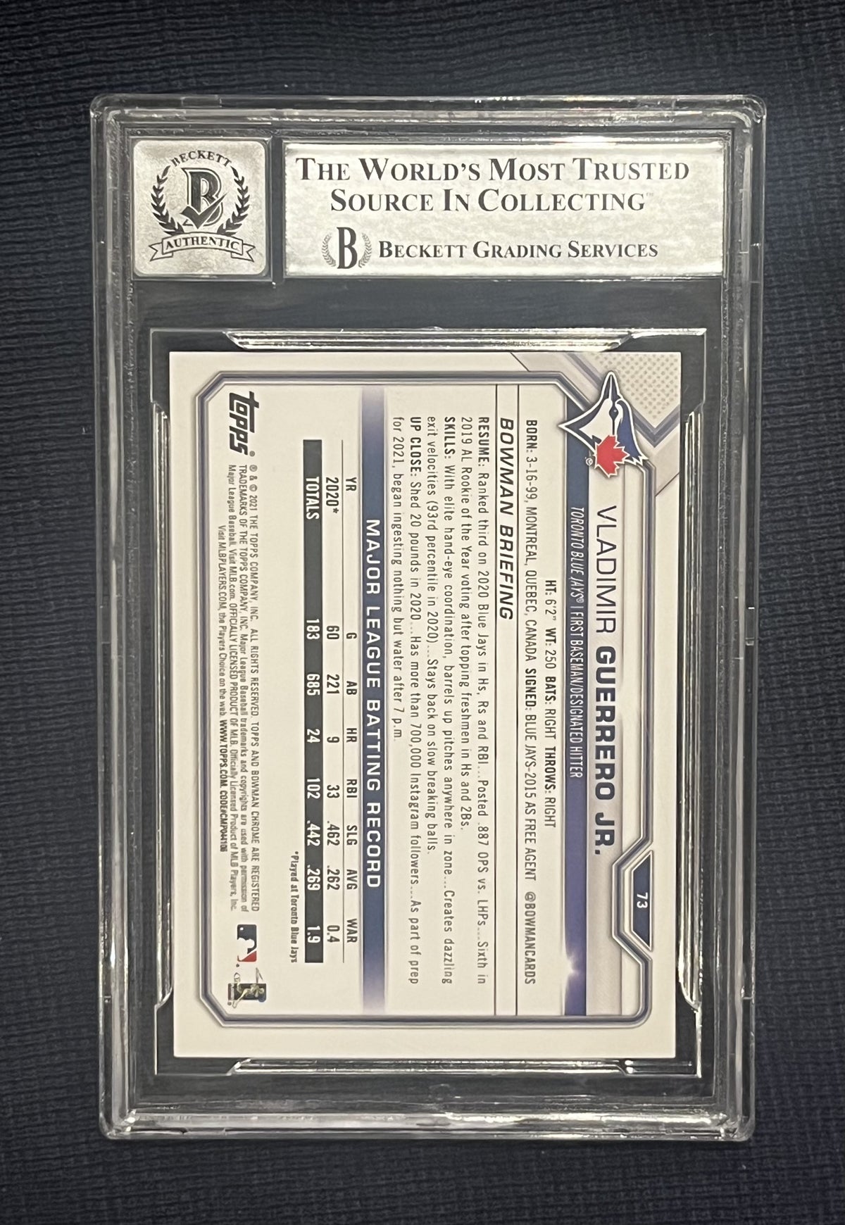 2021 Bowman #73 Vladimir Guerrero Jr. Authentic Autograph Beckett 10 Autograph - AUCTION