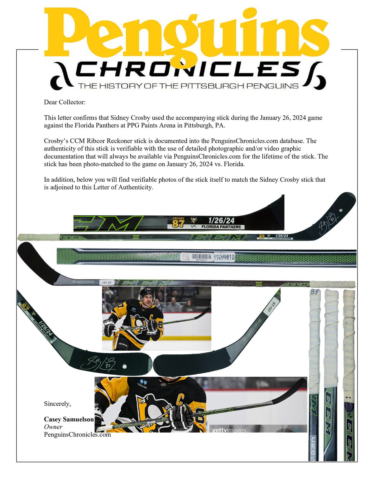 Sidney Crosby Signed Game Used Stick vs Florida Panthers (1/26/2024) Photomatched by Pittsburgh Chronicles (ST-197) - AUCTION