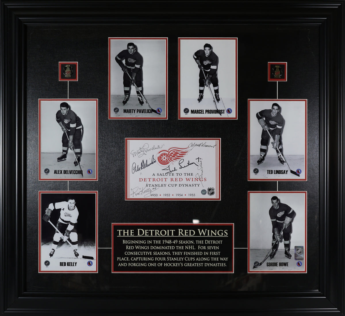 Gordie Howe, Ted Lindsay, Marcel Pronovost, Marty Pavelich, Alex Delvecchio, Red Kelly Signed Detroit Red Wings Framed Stanley Cup Dynasty Photo Collage - AUCTION