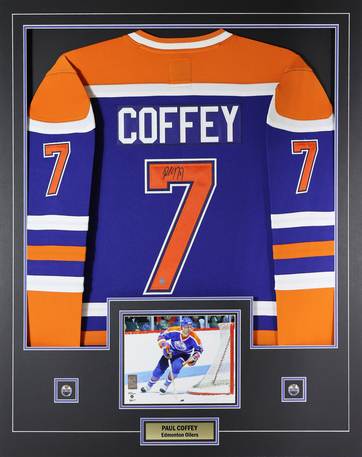 Paul Coffey Signed Edmonton Oilers Framed 34x42 Home Fanatics Vintage Replica Jersey - AUCTION