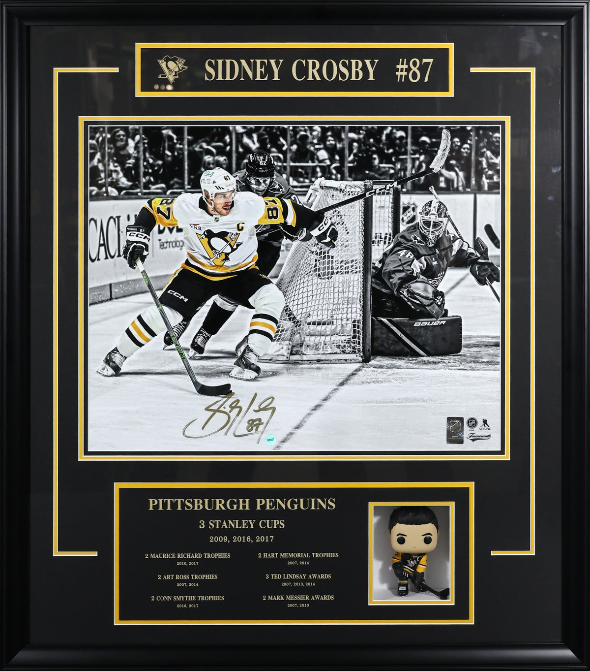 Sidney Crosby Signed Pittsburgh Penguins Framed 16x20 with Career Milestones and Funko Pop - AUCTION