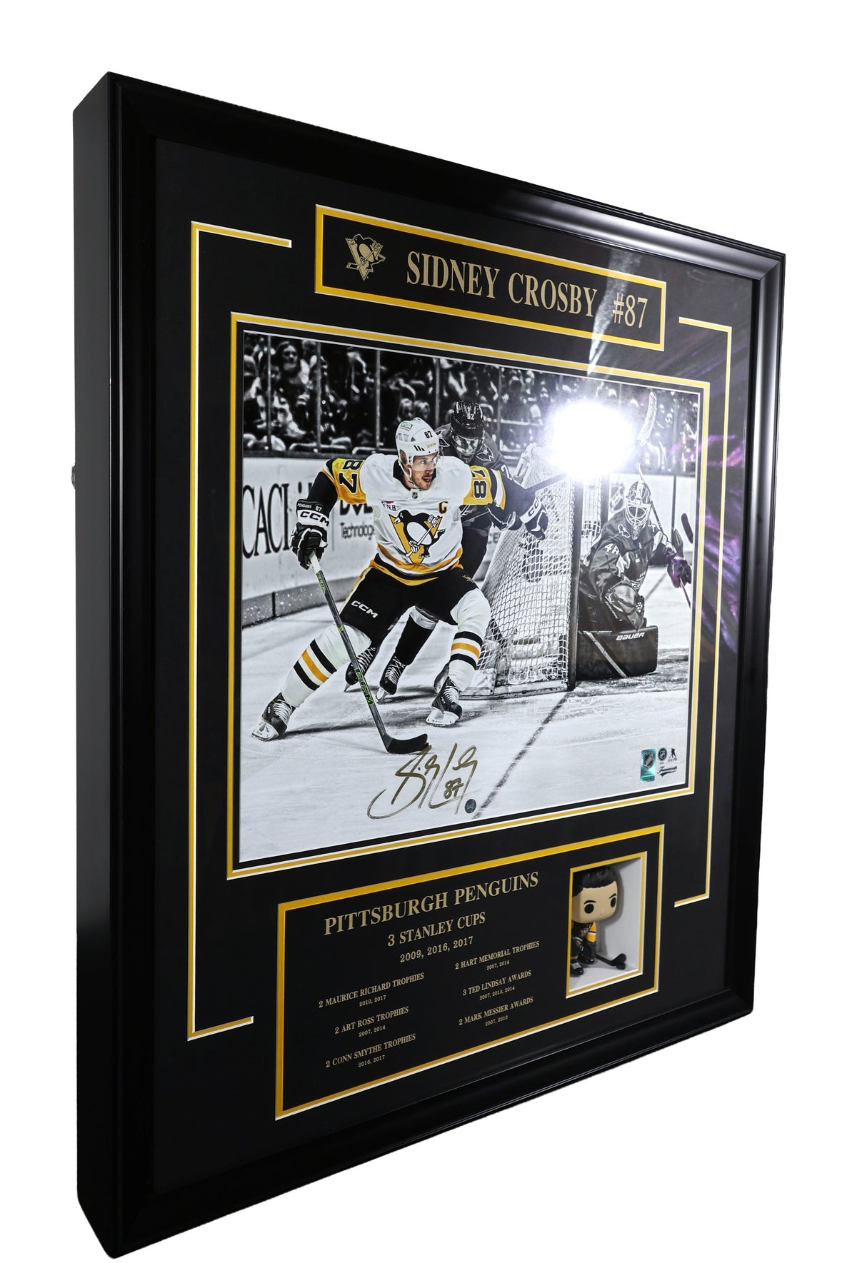 Sidney Crosby Signed Pittsburgh Penguins Framed 16x20 with Career Milestones and Funko Pop - AUCTION