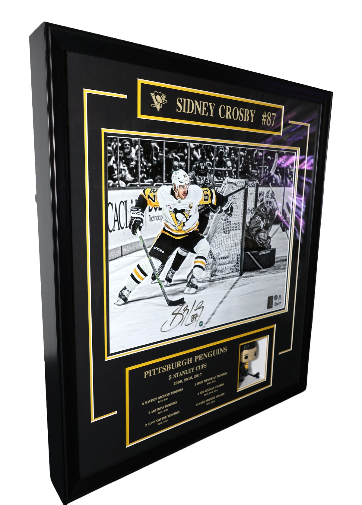 Sidney Crosby Signed Pittsburgh Penguins Framed 16x20 with Career Milestones and Funko Pop - AUCTION