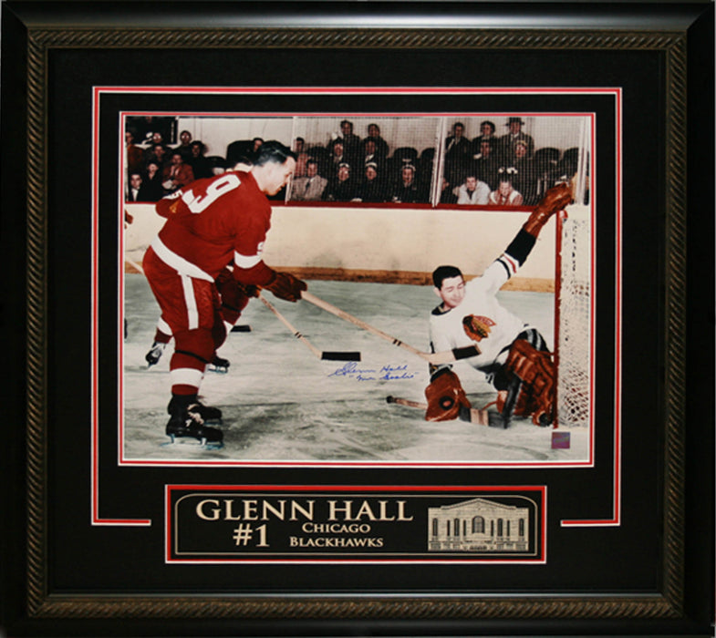 Glenn Hall Chicago Blackhawks Signed Framed 16x20 Pad Save Photo Etched Mat - Frameworth Sports Canada 