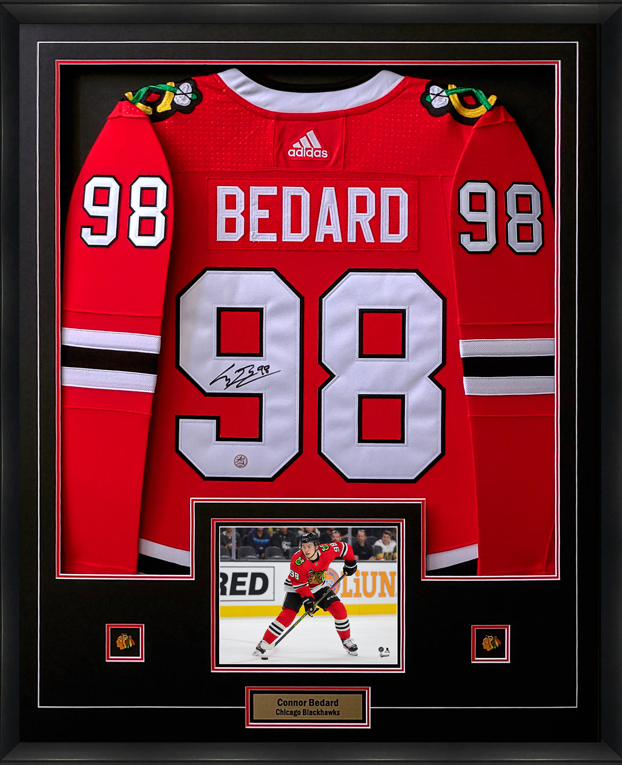 Connor Bedard Signed Jersey Framed Chicago Blackhawks Red Adidas - AUCTION
