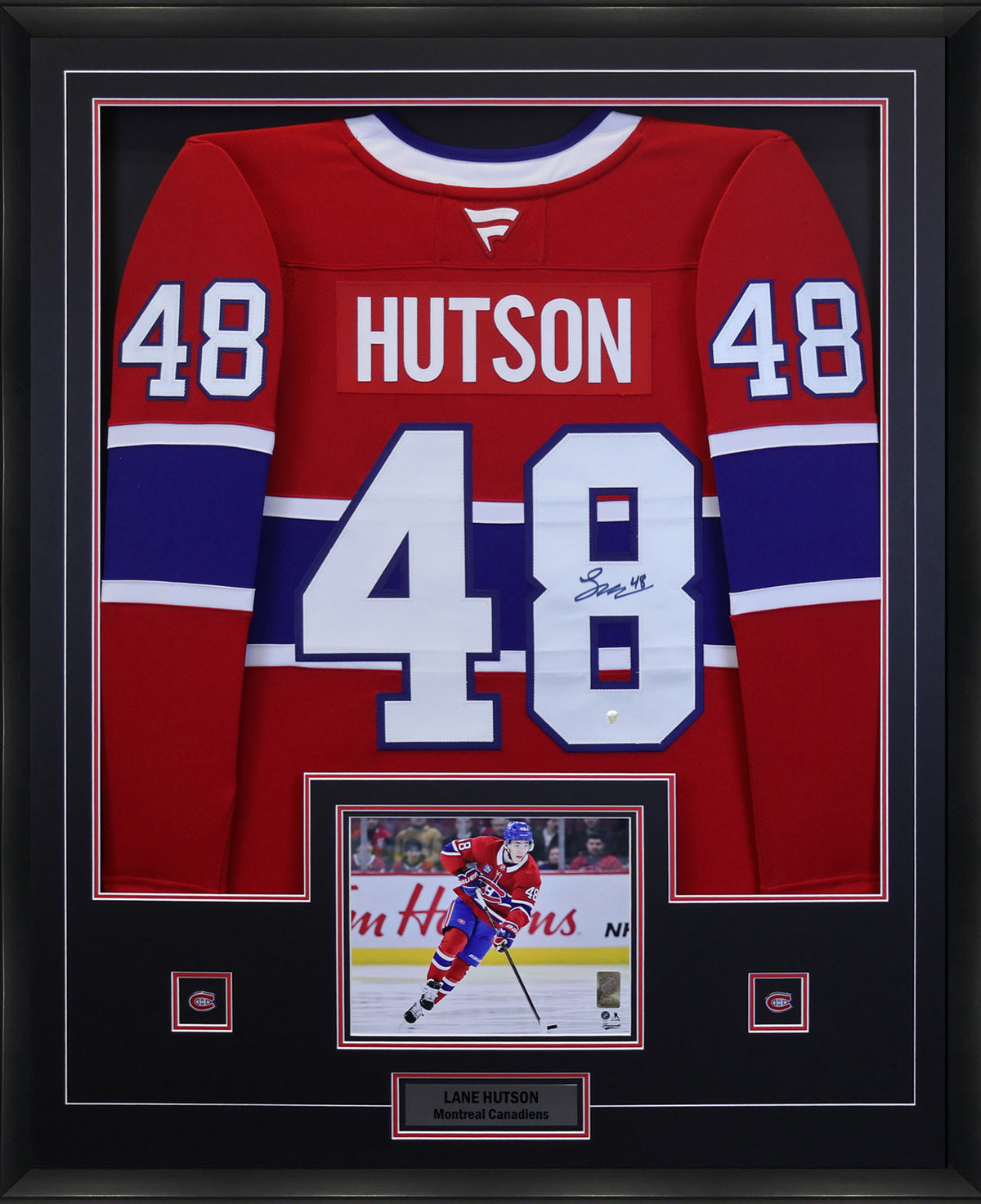 Lane Hutson Signed Framed 34x42 Montreal Canadiens Red Fanatics Premium Jersey - AUCTION