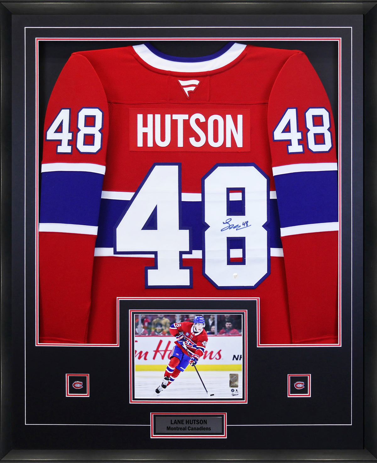 Maillot Premium Rouge Fanatics des Canadiens de Montréal encadré, signé par Lane Hutson