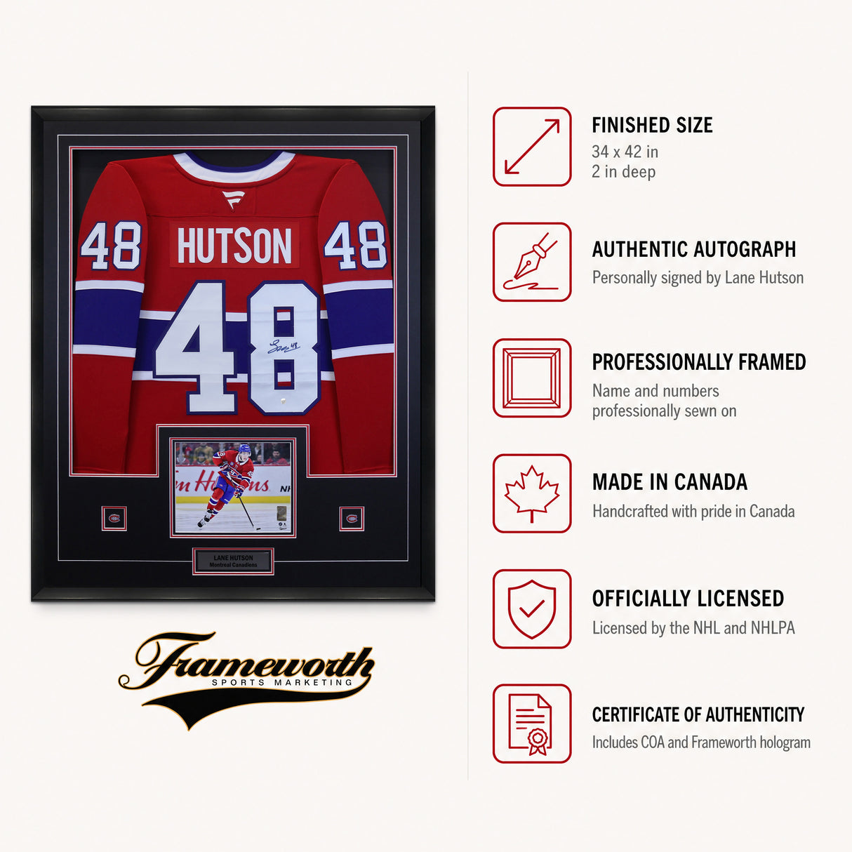 Lane Hutson Signed Framed 34x42 Montreal Canadiens Red Fanatics Premium Jersey