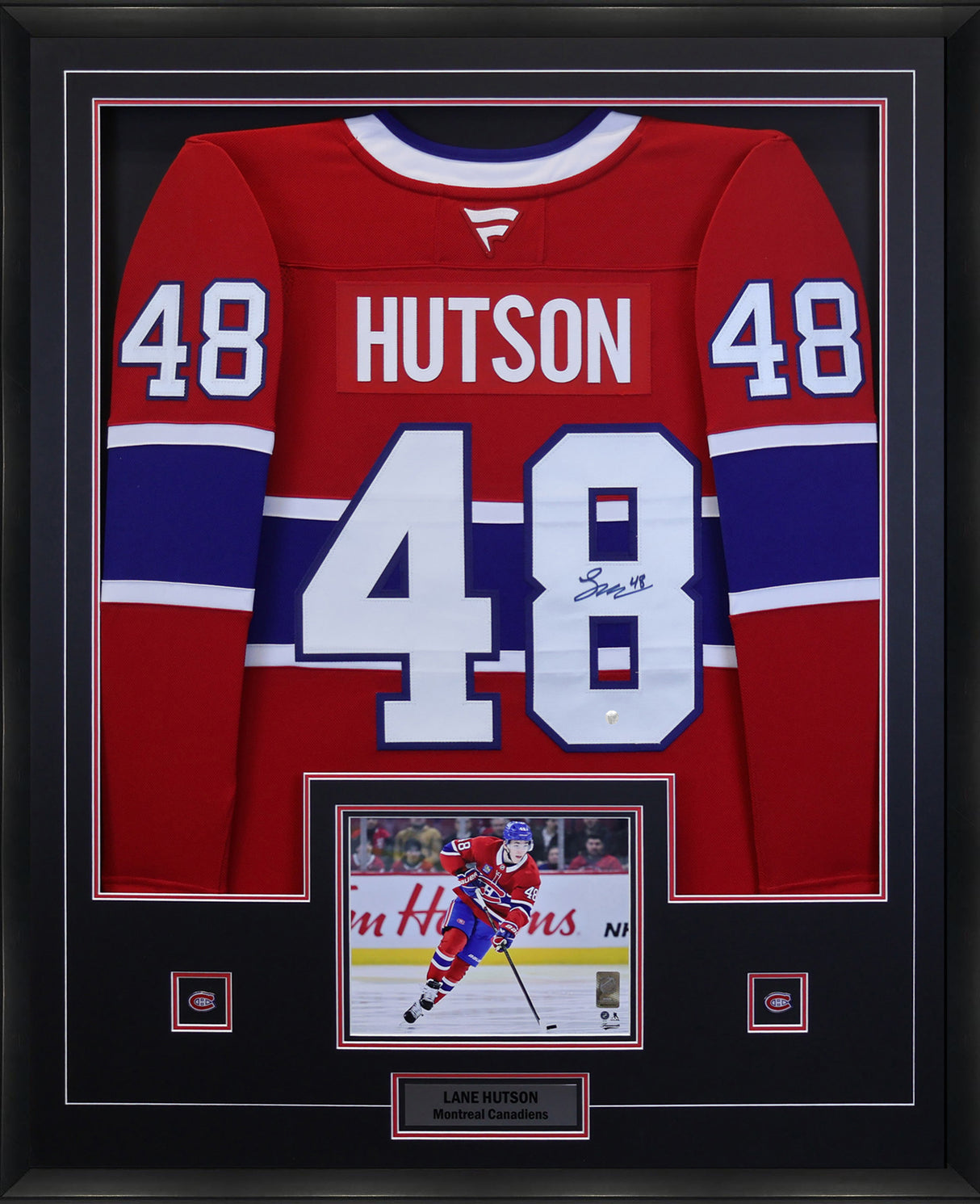 Lane Hutson Signed Framed 34x42 Montreal Canadiens Red Fanatics Premium Jersey