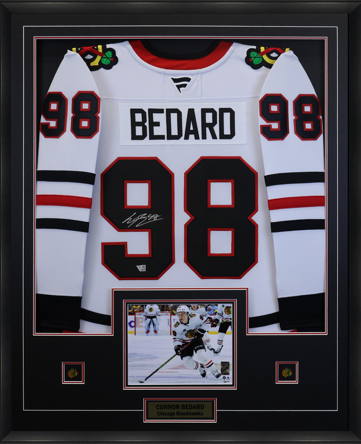 Connor Bedard Signed Jersey Framed Chicago Blackhawks White Fanatics Premium - AUCTION