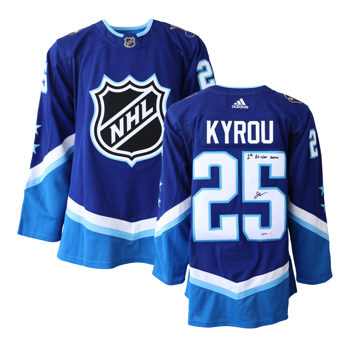 Jordan Kyrou Signed 2022 NHL All-Star Blue Adidas Authentic Jersey with "1st NHL All-Star Game" Inscribed LE/50