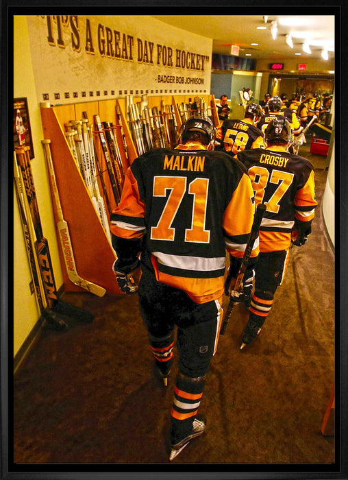 Evgeni Malkin and Sidney Crosby Pittsburgh Penguins Framed 20x29 Walking in Dressing Room Hallway Canvas - Frameworth Sports Canada 