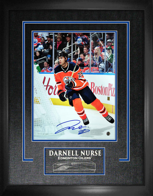 Darnell Nurse Edmonton Oilers Signed Framed 11x14 Rounding Net Photo Etched Mat - Frameworth Sports Canada 