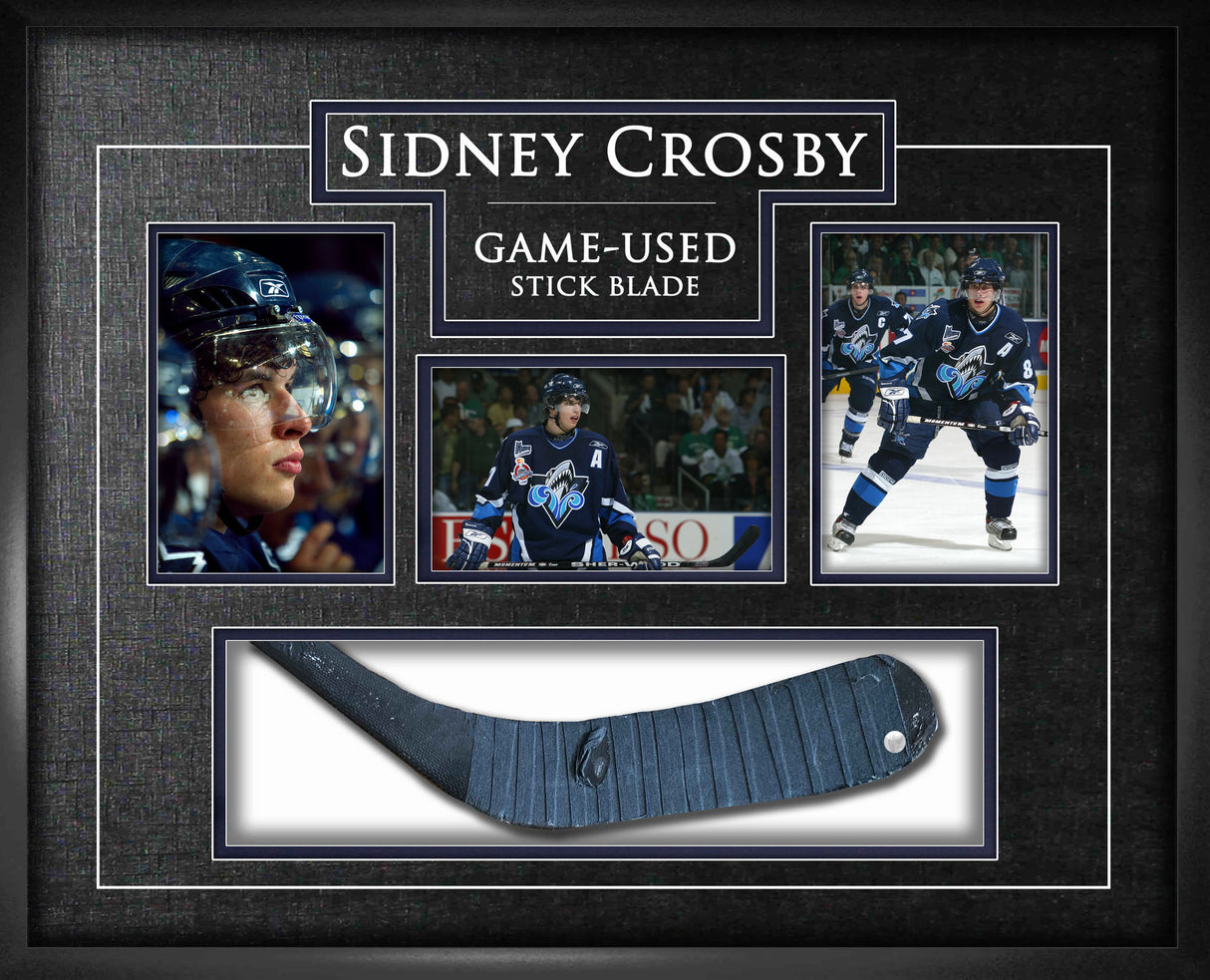 Shadow box with textured charcoal matting, triple-photo arrangement, and centered stick blade opening