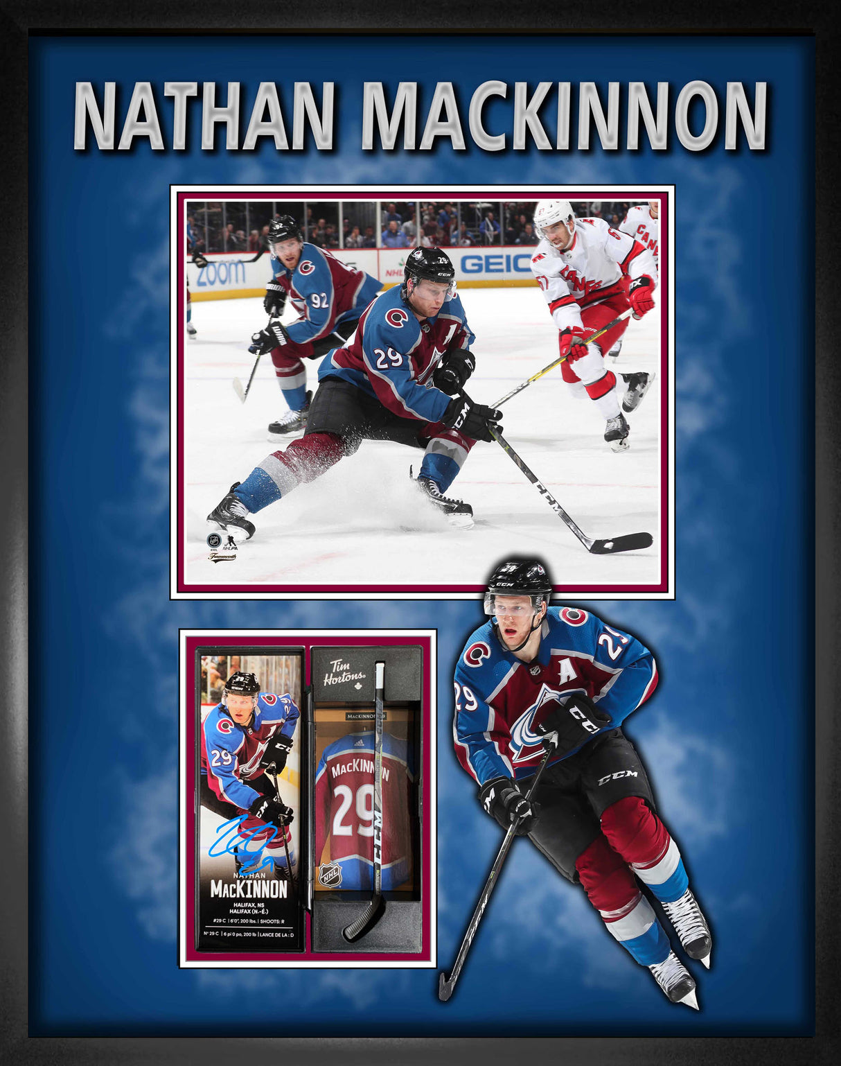 Vertical collage with burgundy accent matting, blue background, and asymmetric multi-item layout