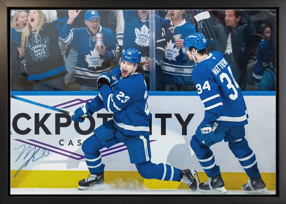 Matthew Knies Signed 20x29 Canvas Framed Toronto Maple Leafs Celebration with Matthews-H - AUCTION