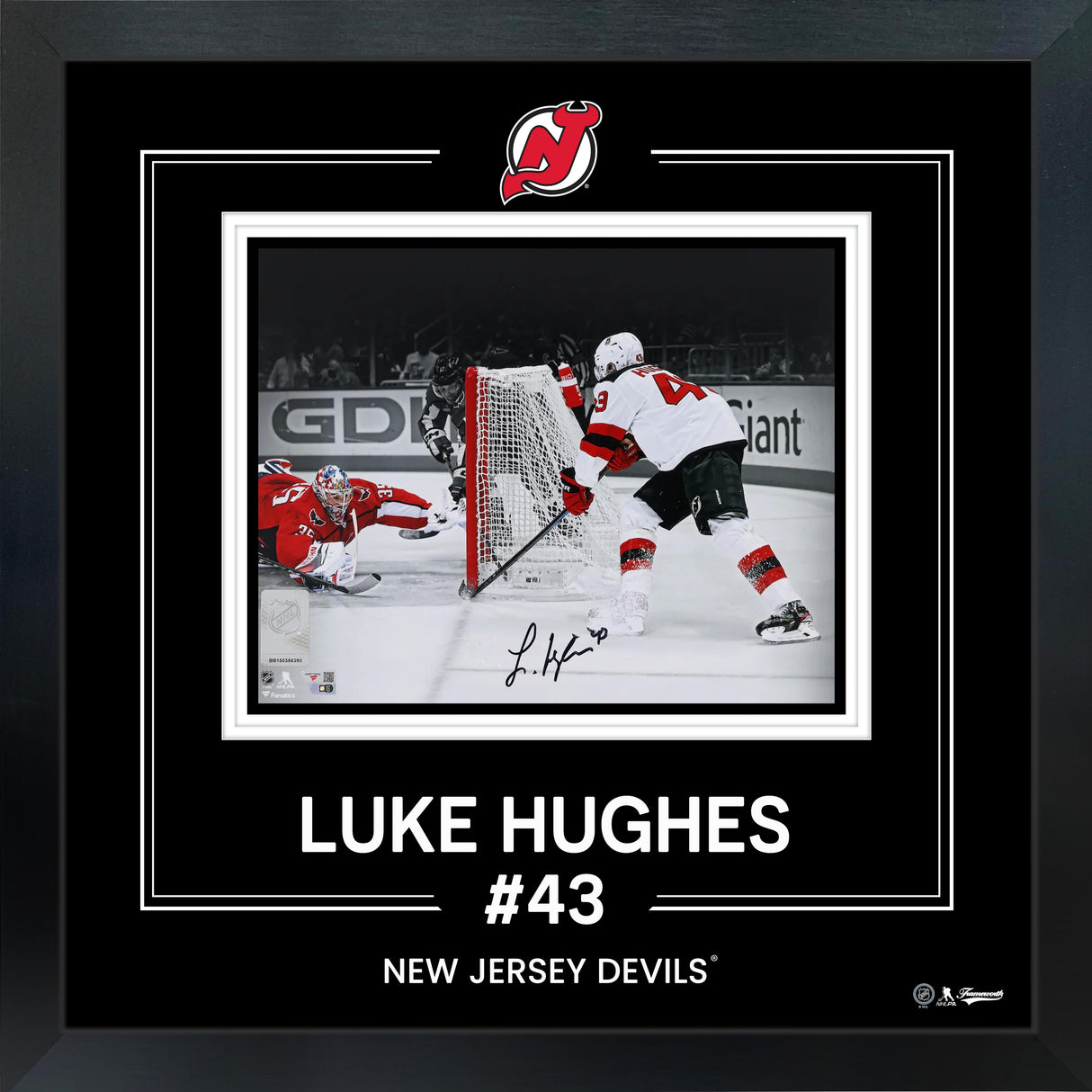 Luke Hughes Signed Framed 8x10 Photo in Photo Glass Detroit Red Wings First NHL Goal Spotlight - AUCTION