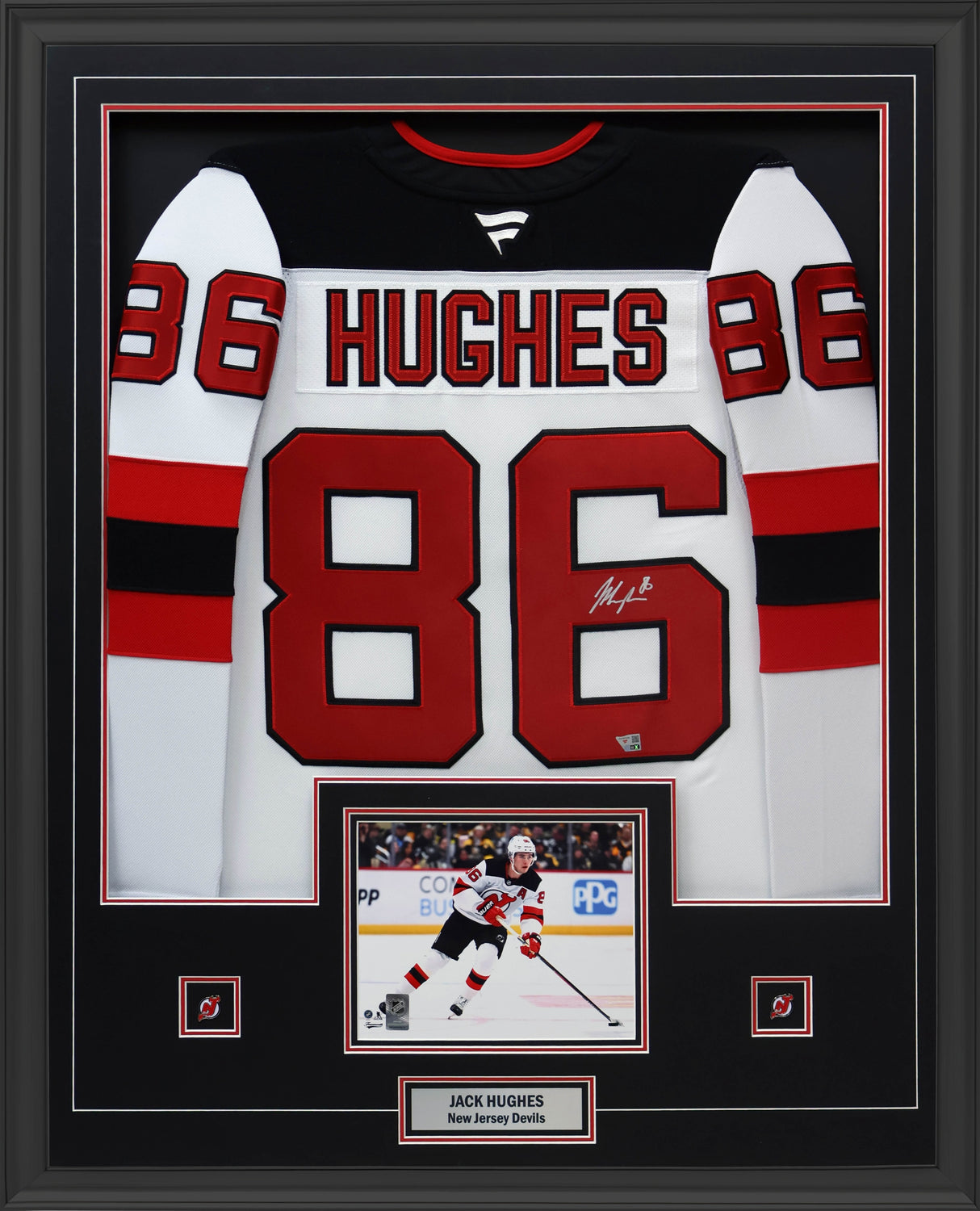 Jack Hughes Signed Framed 34x42 New Jersey Devils Away Fanatics Premium Jersey - AUCTION