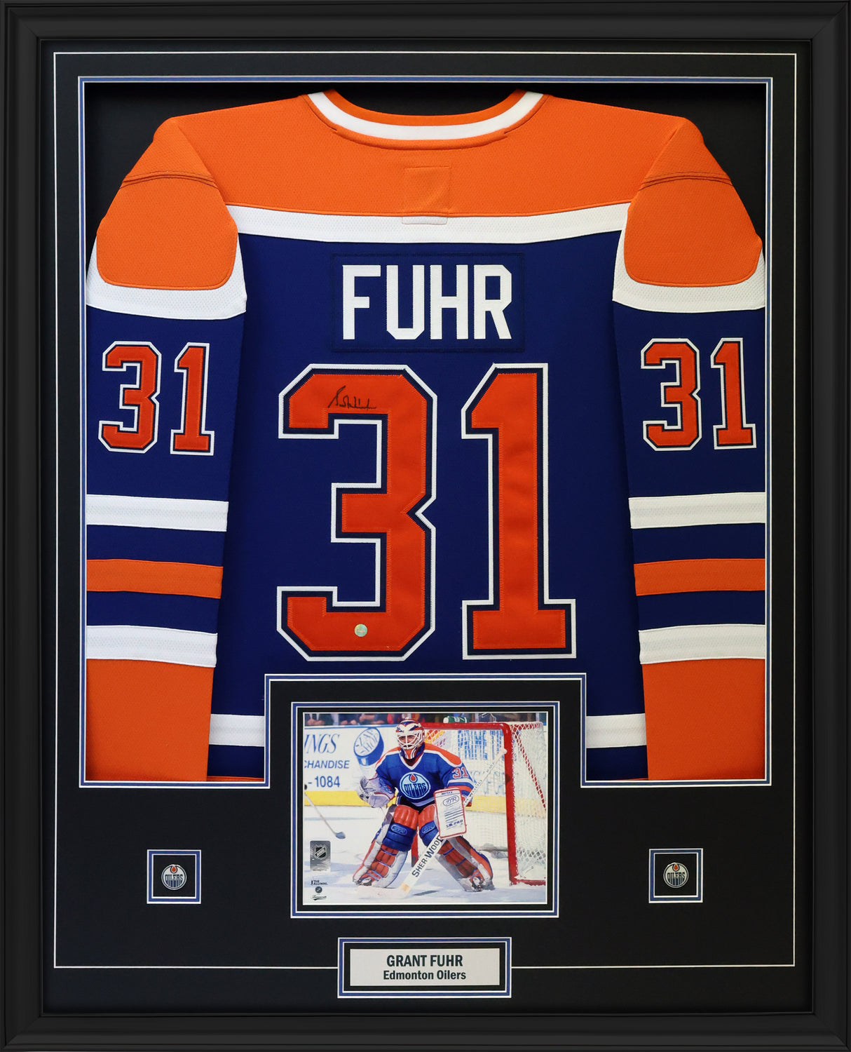 Grant Fuhr Signed Framed 34x42 Edmonton Oilers Replica Blue Vintage Fanatics Jersey - AUCTION