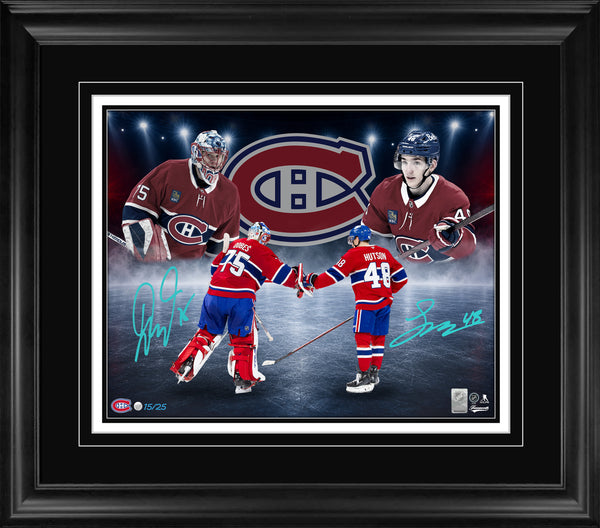 Lane Hutson and Jakub Dobes Dual Signed 16x20 Print Framed Montreal Canadiens Collage (Limited Edition of 25)