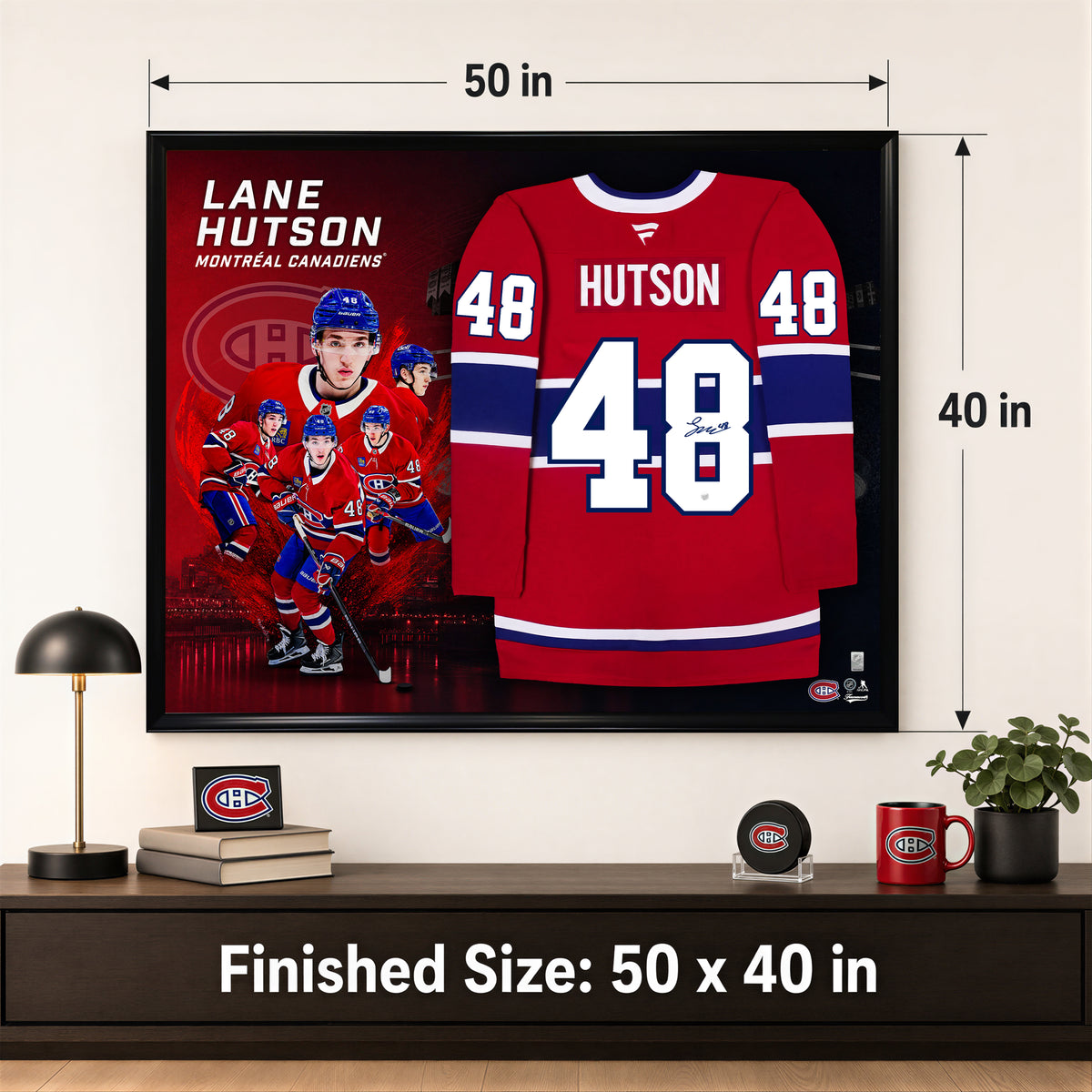 Lane Hutson Signed Framed 40x50 Montreal Canadiens Fanatics Premium Home Jersey - AUCTION