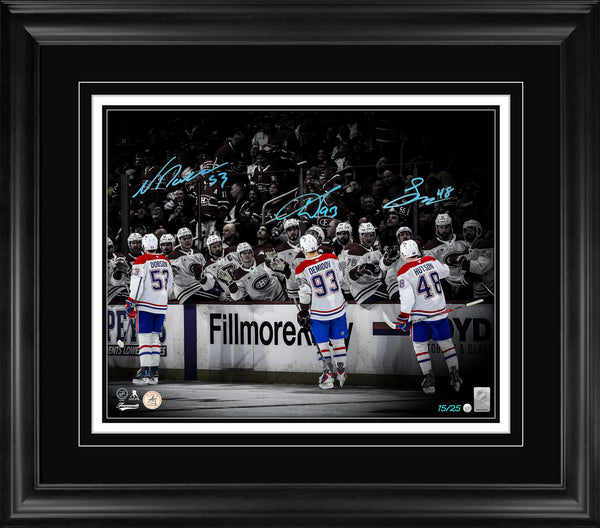 Lane Hutson, Noah Dobson, and Ivan Demidov Triple Signed 16x20 Print Framed Montreal Canadiens Celebration Line (Limited Edition of 25)